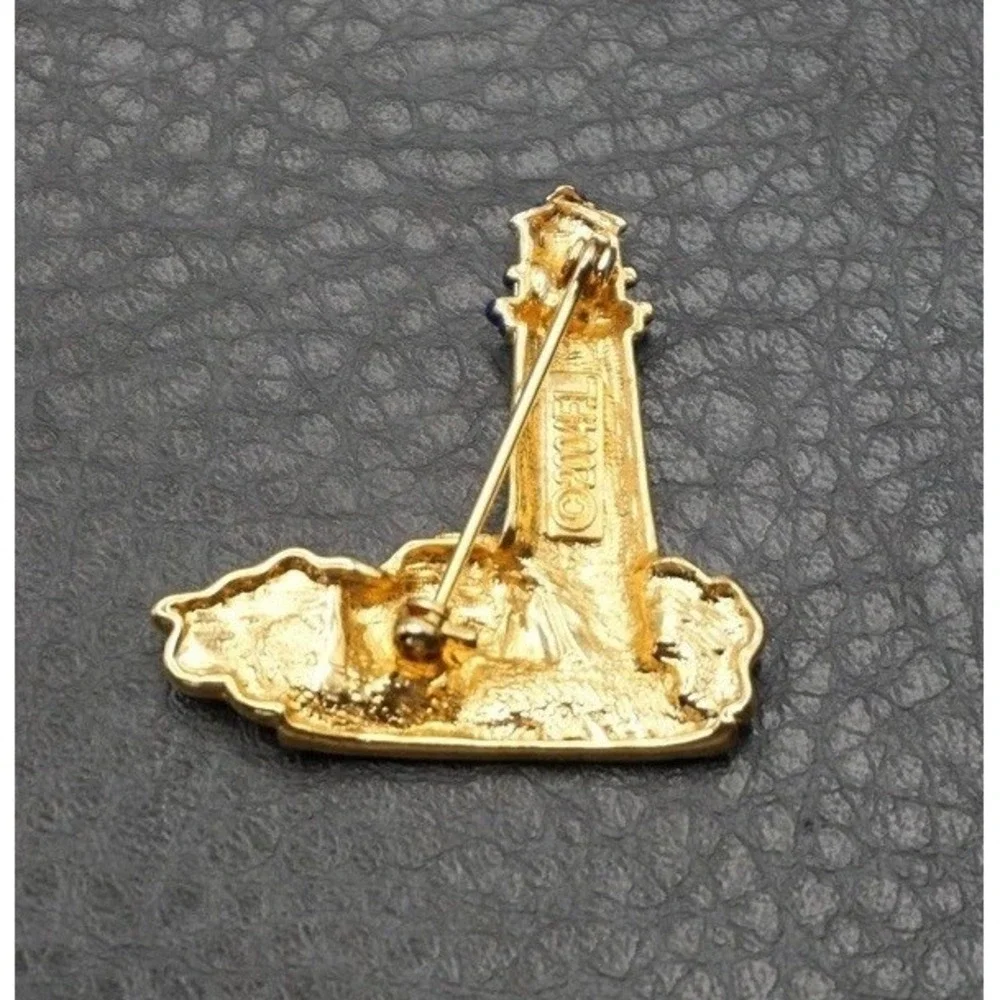 Vintage Enamel Lighthouse Pin Brooch Gold Tone Red White Blue